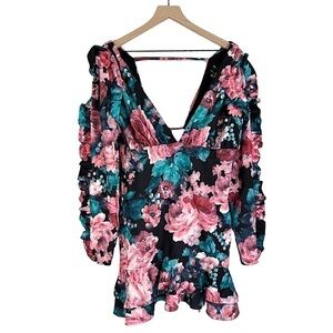NEW ASOS Plunge Frill Sleeve Mini Dress in‎ Pink and Blue Rose Floral Size 12